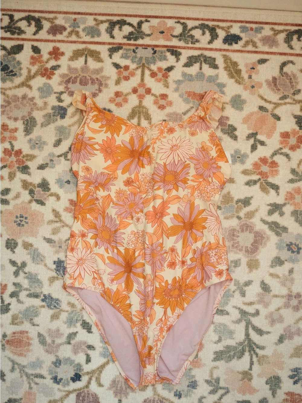 Kona Sol Orange and Pink Floral Ruffle Strap One-Piece Swimsuit